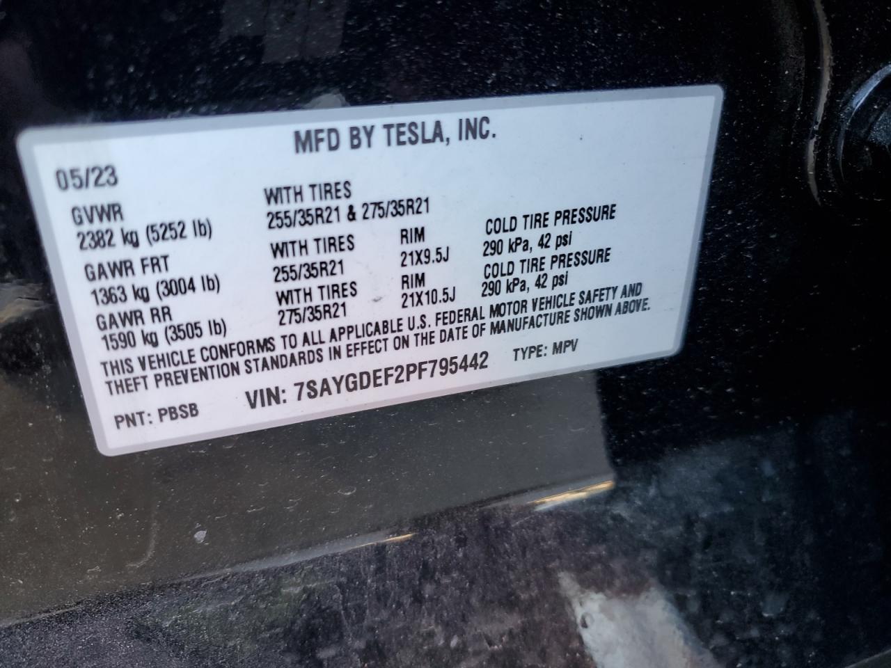 2023 TESLA MODEL Y  VIN:7SAYGDEF2PF795442