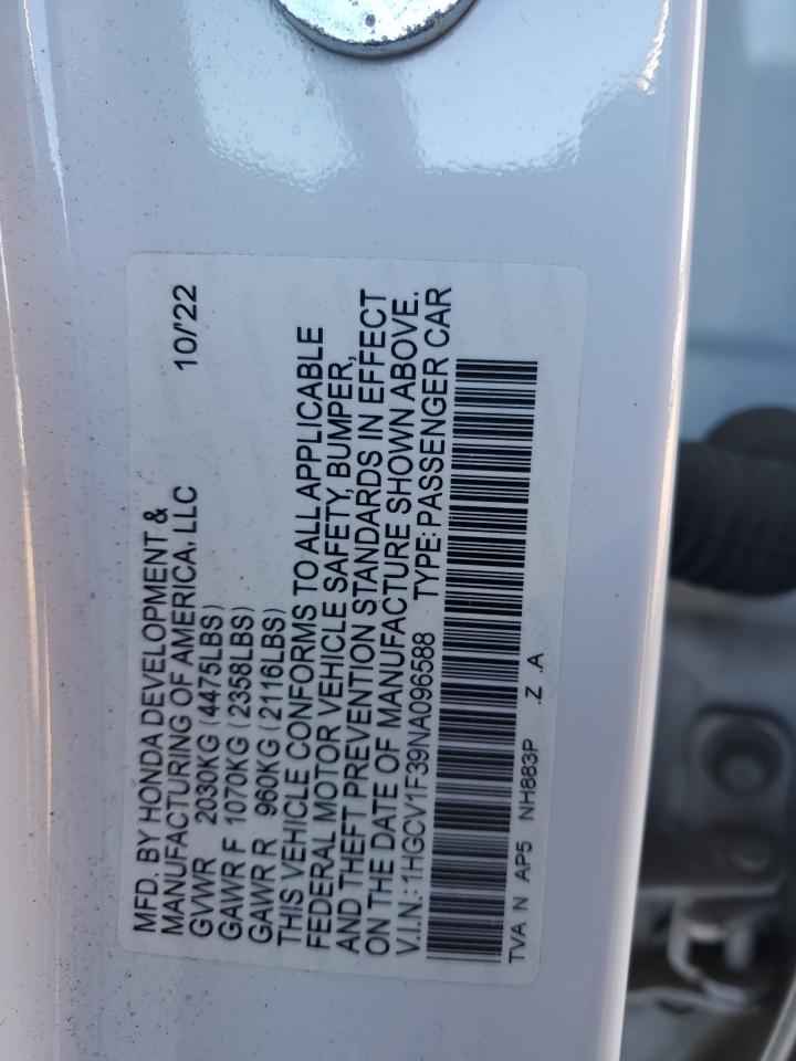 2022 HONDA ACCORD SPORT VIN:1HGCV1F39NA096588