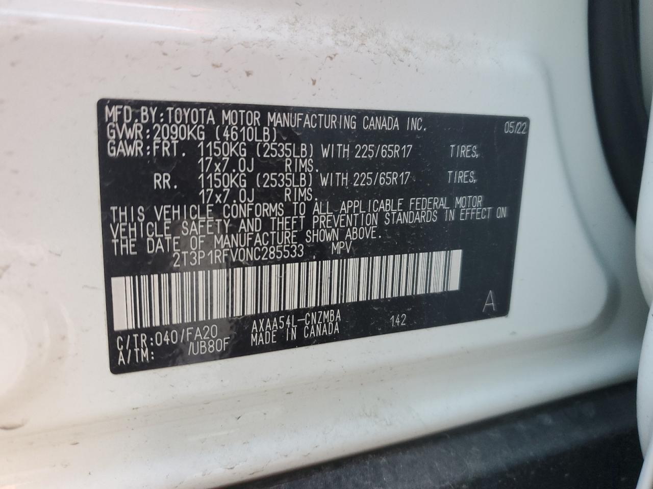 2022 TOYOTA RAV4 XLE VIN:2T3P1RFV0NC285533