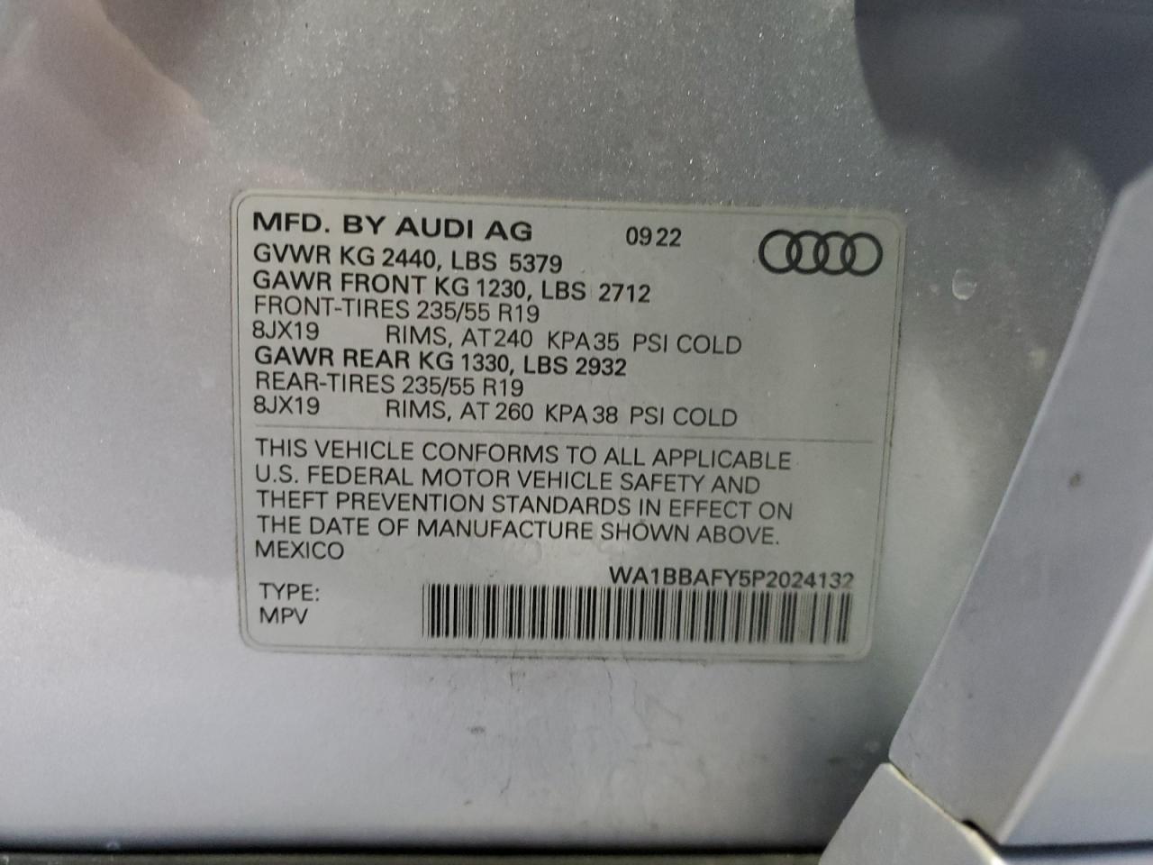 2023 AUDI Q5 PREMIUM PLUS 40 VIN:WA1BBAFY5P2024132