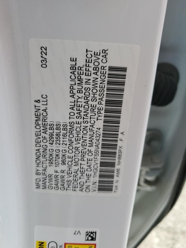 2022 HONDA ACCORD EXL VIN:1HGCV1F55NA043274
