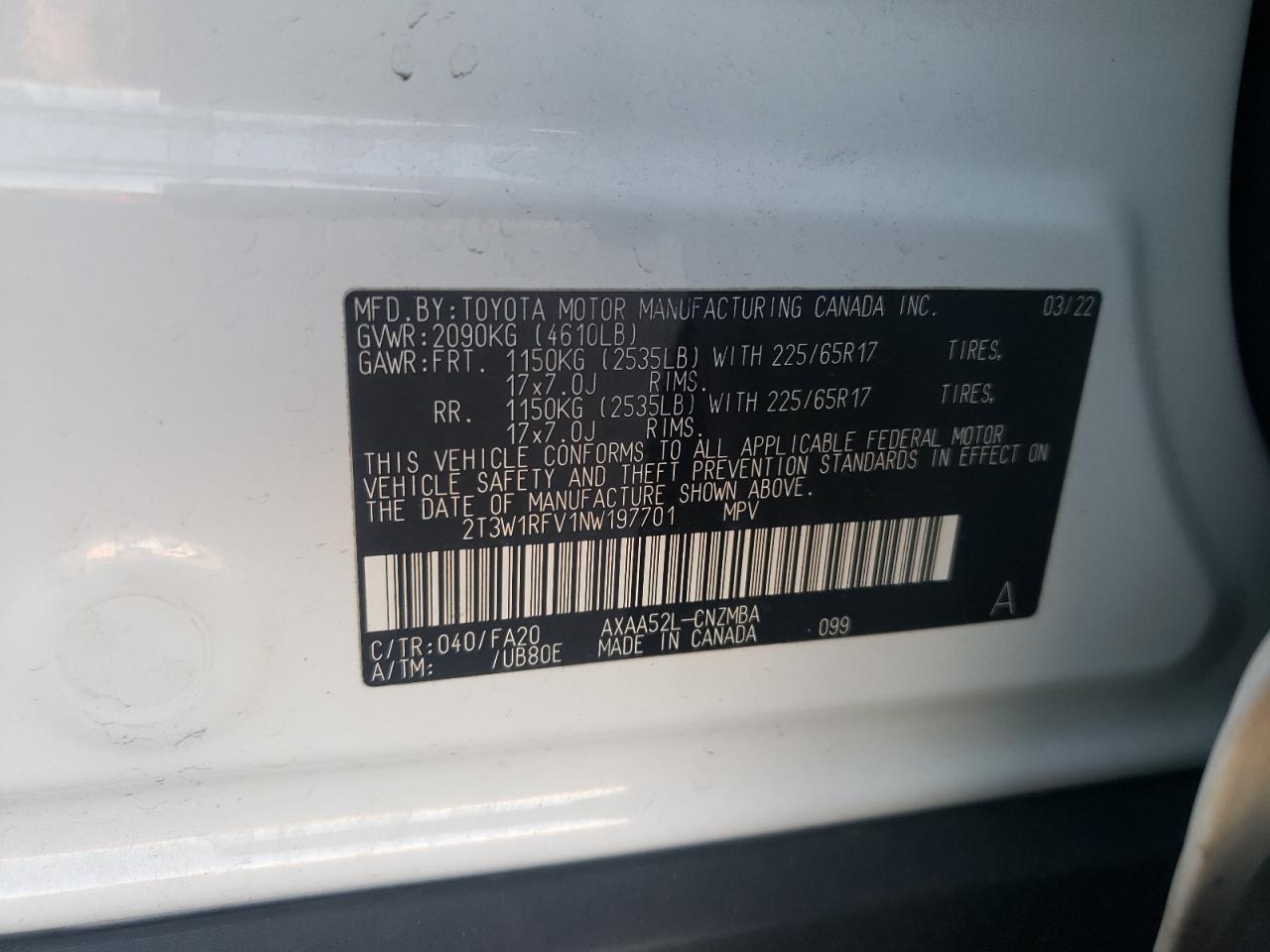2022 TOYOTA RAV4 XLE VIN:2T3W1RFV1NW197701