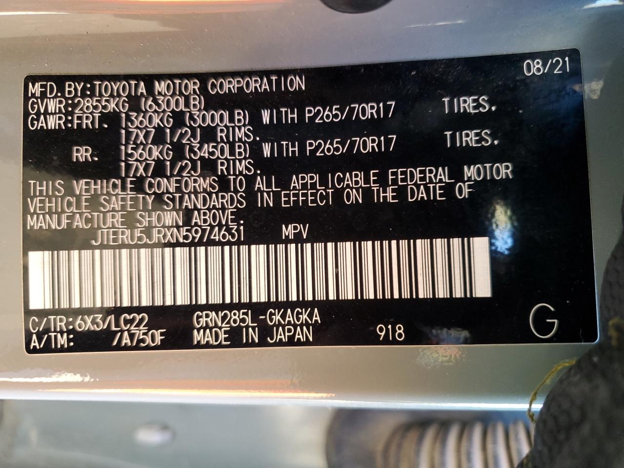 2022 TOYOTA 4RUNNER SR5 PREMIUM VIN:JTERU5JRXN5974631