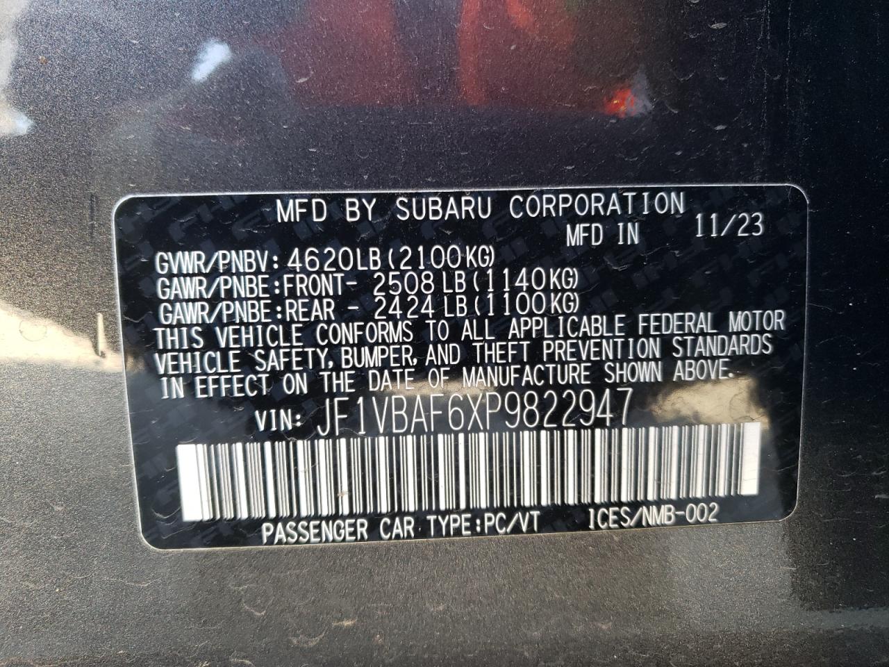 2023 SUBARU WRX PREMIUM VIN:JF1VBAF6XP9822947