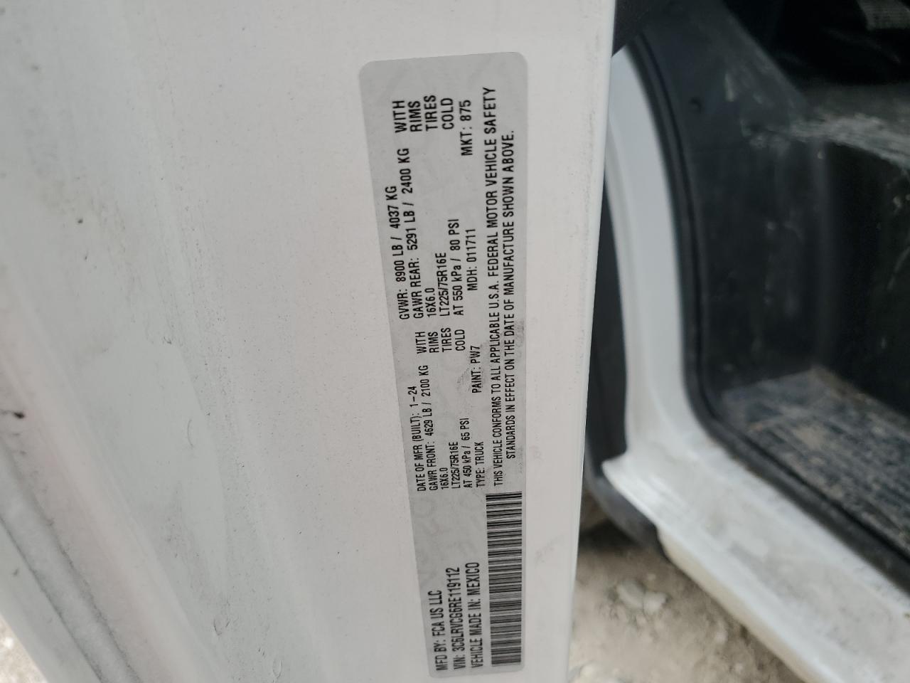 2024 RAM PROMASTER 2500 2500 HIGH VIN:3C6LRVCG6RE119112