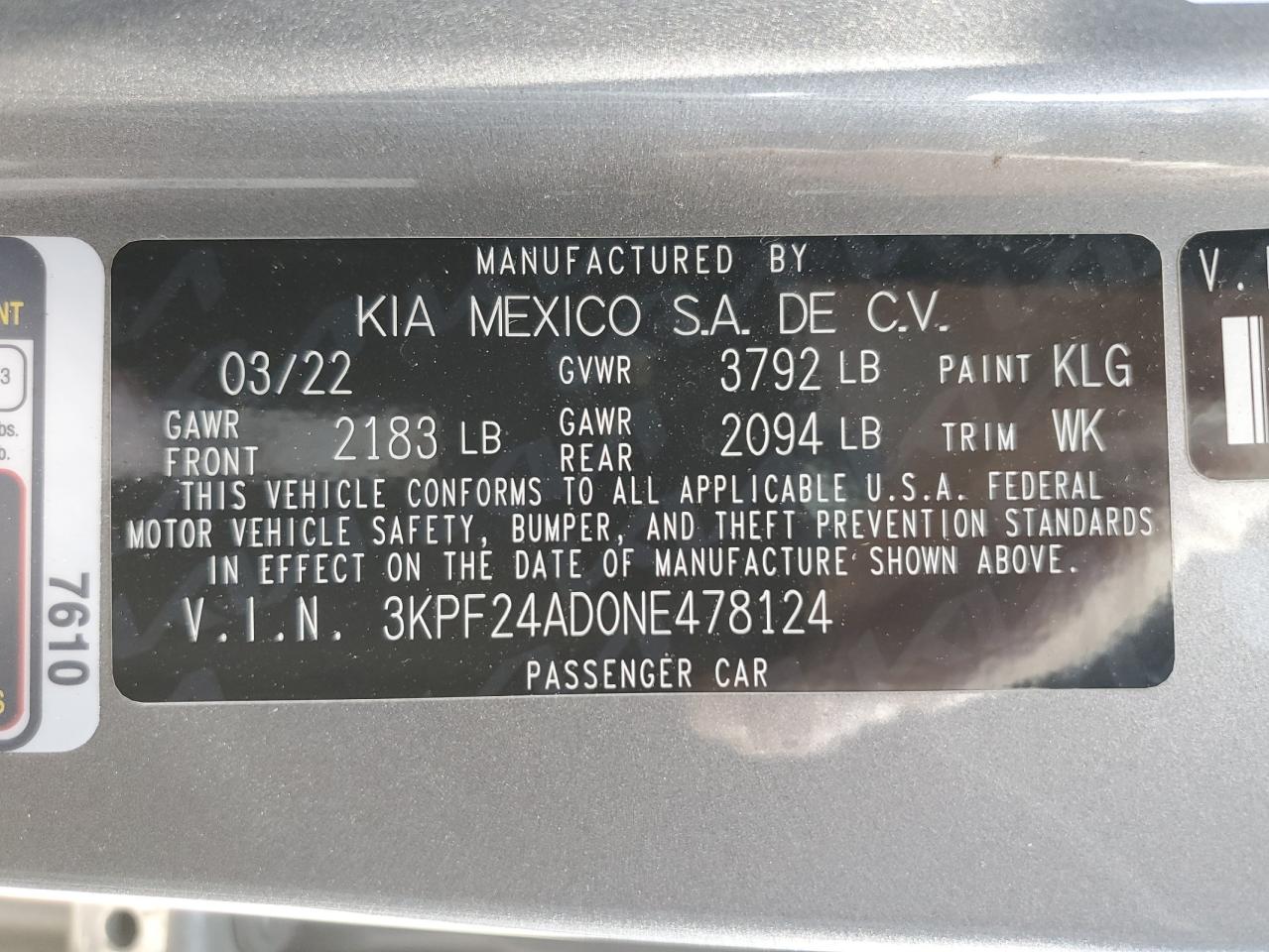 2022 KIA FORTE FE VIN:3KPF24AD0NE478124