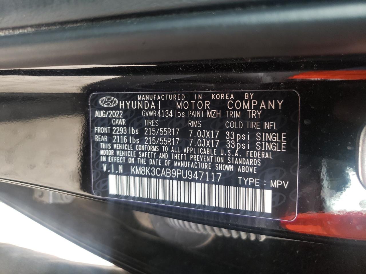 2023 HYUNDAI KONA SEL VIN:KM8K3CAB9PU947117