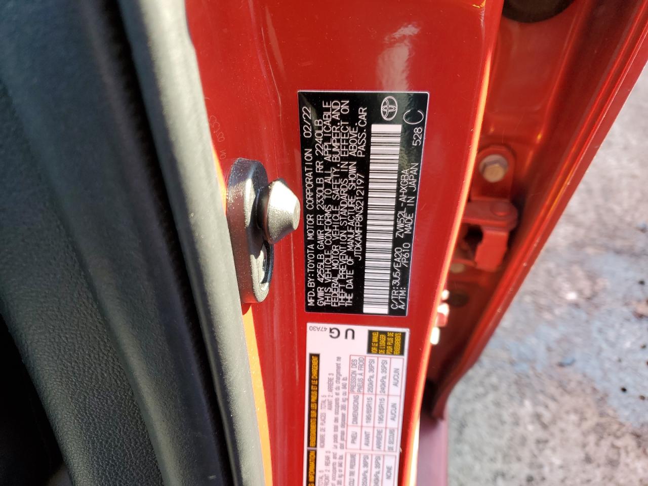 2022 TOYOTA PRIUS PRIME LE VIN:JTDKAMFP8N3212197