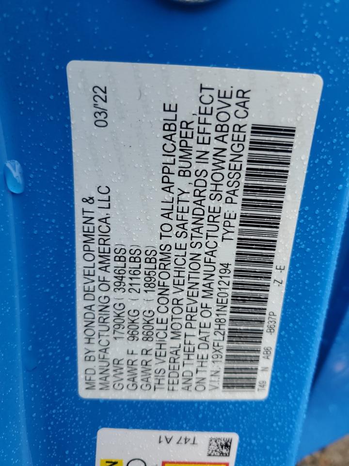 2022 HONDA CIVIC SPORT VIN:19XFL2H81NE012194