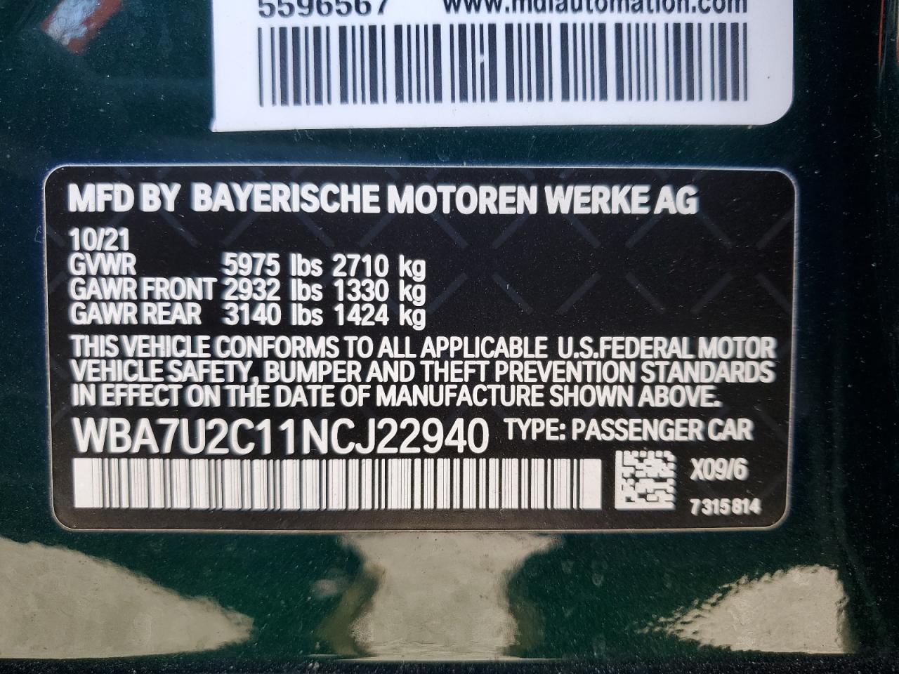 2022 BMW ALPINA B7  VIN:WBA7U2C11NCJ22940