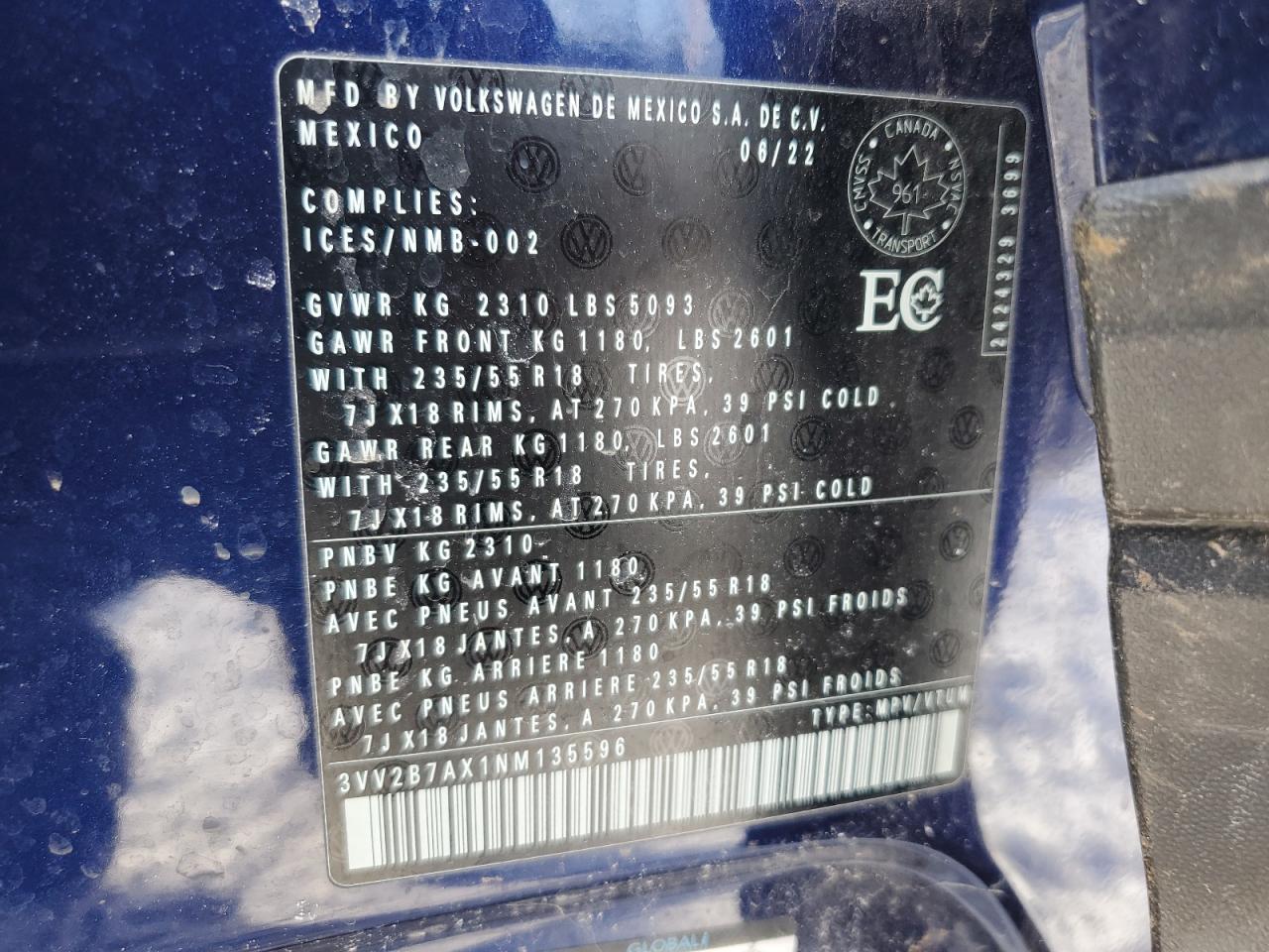 2022 VOLKSWAGEN TIGUAN SE VIN:3VV2B7AX1NM135596