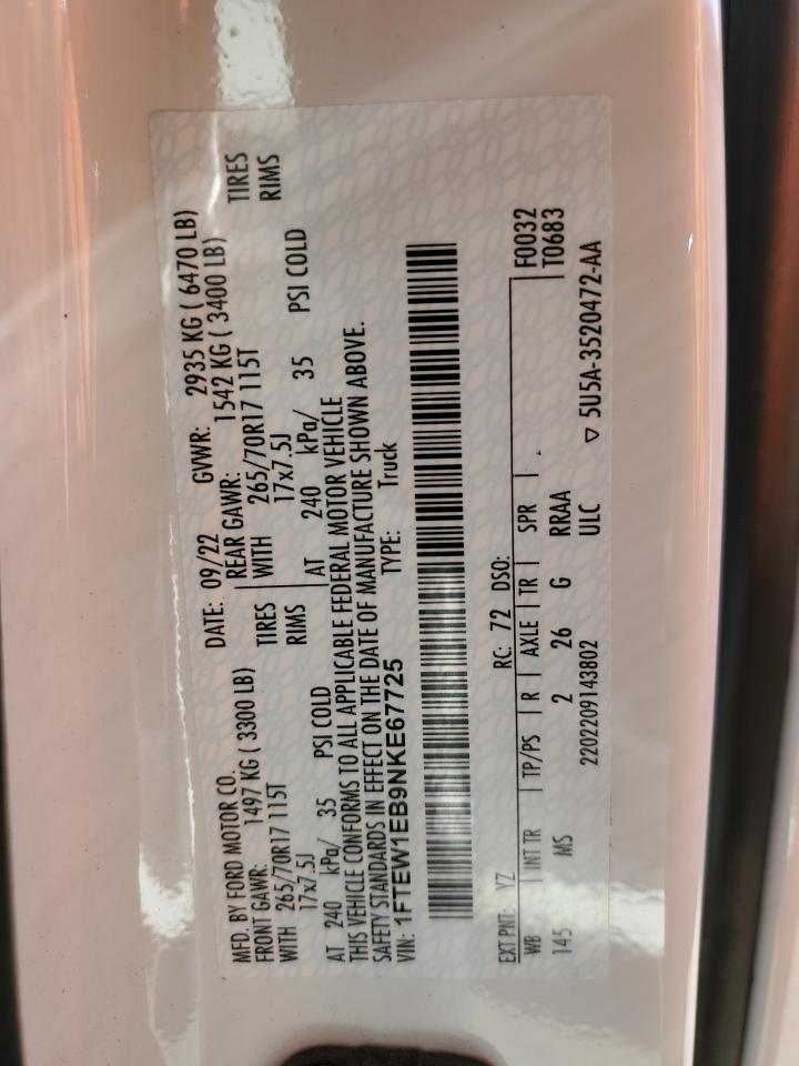 2022 FORD F150 SUPERCREW VIN:1FTEW1EB9NKE67725