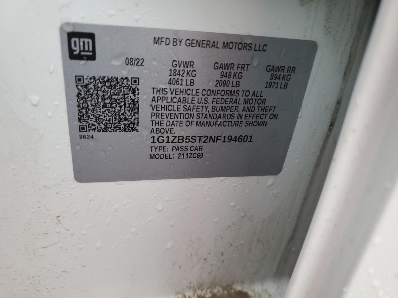 2022 CHEVROLET MALIBU LS VIN:1G1ZB5ST2NF194601