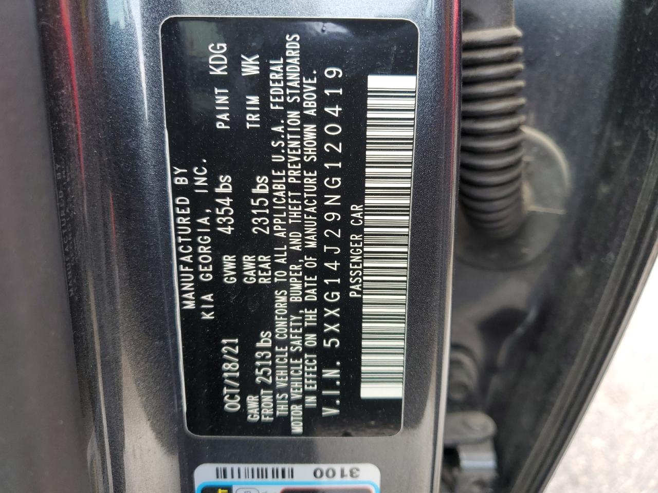 2022 KIA K5 LXS VIN:5XXG14J29NG120419