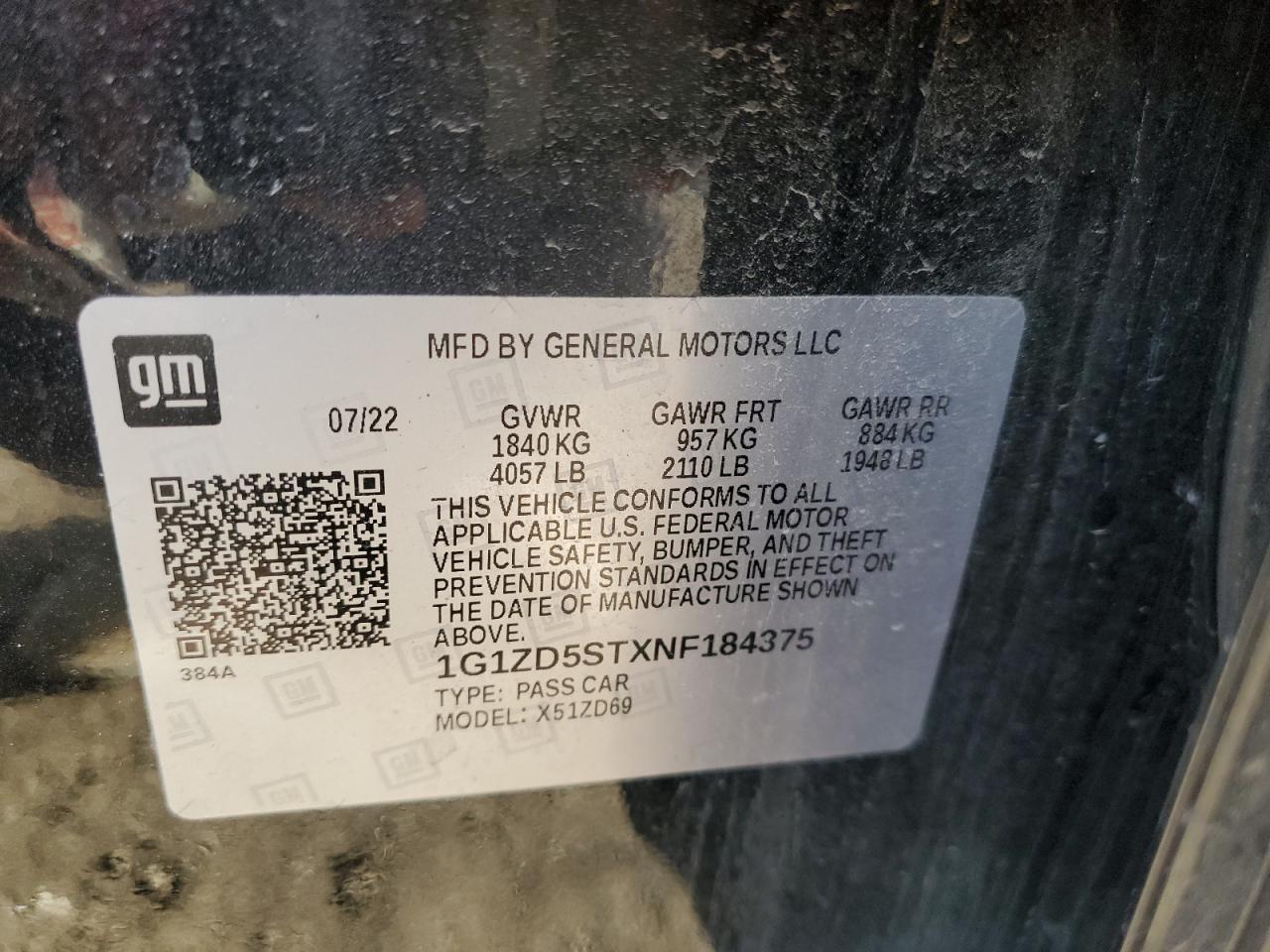 2022 CHEVROLET MALIBU LT VIN:1G1ZD5STXNF184375