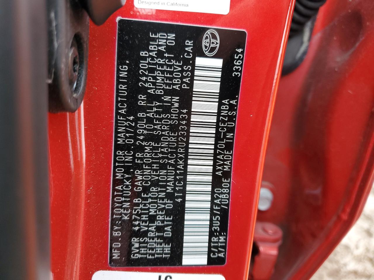 2024 TOYOTA CAMRY LE VIN:4T1C11AKXRU233434