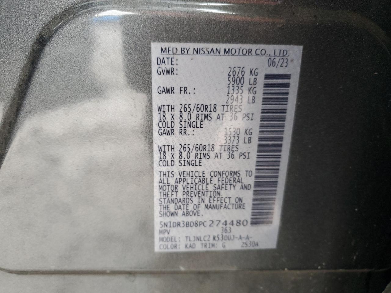 2023 NISSAN PATHFINDER SV VIN:5N1DR3BD8PC274480