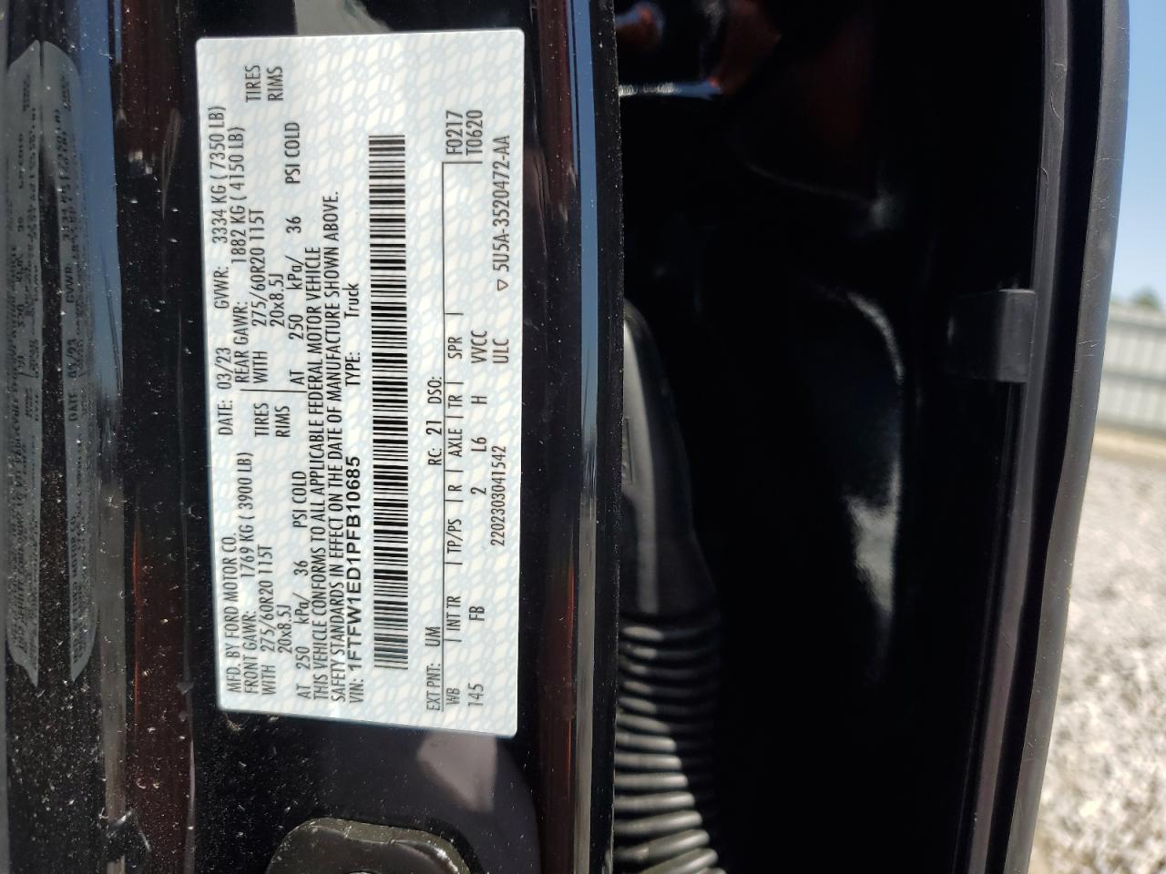 2023 FORD F150 SUPERCREW VIN:1FTFW1ED1PFB10685