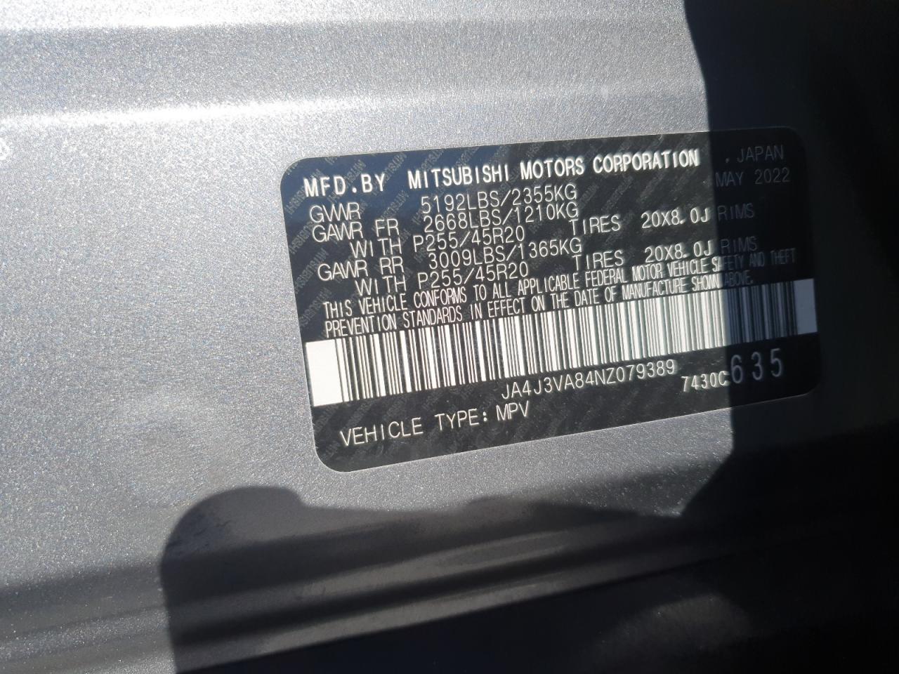 2022 MITSUBISHI OUTLANDER SEL VIN:JA4J3VA84NZ079389