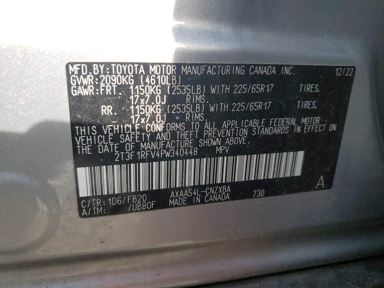 2023 TOYOTA RAV4 LE VIN:2T3F1RFV4PW340448