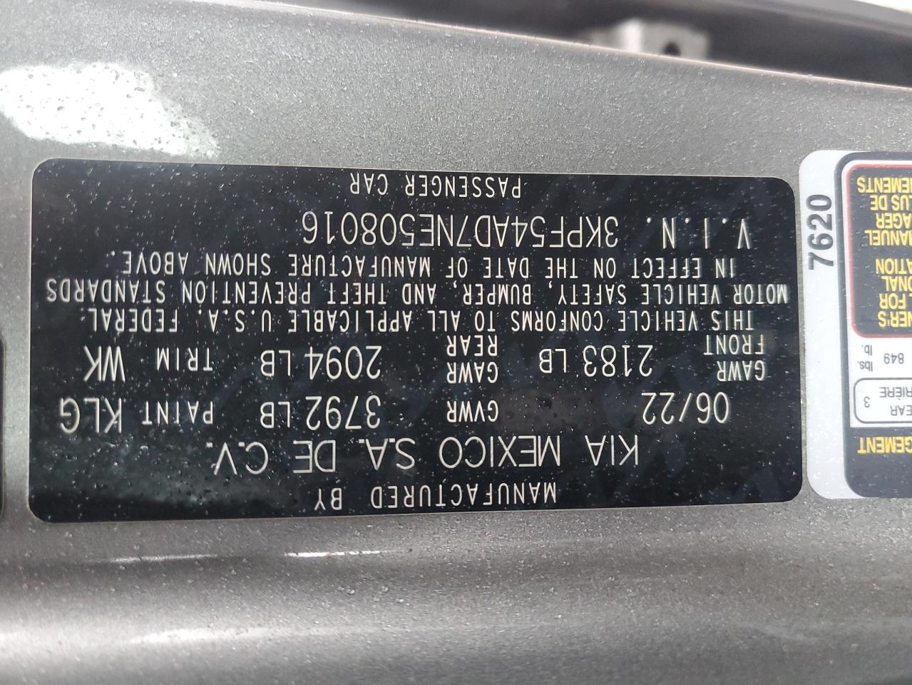 2022 KIA FORTE GT LINE VIN:3KPF54AD7NE508016