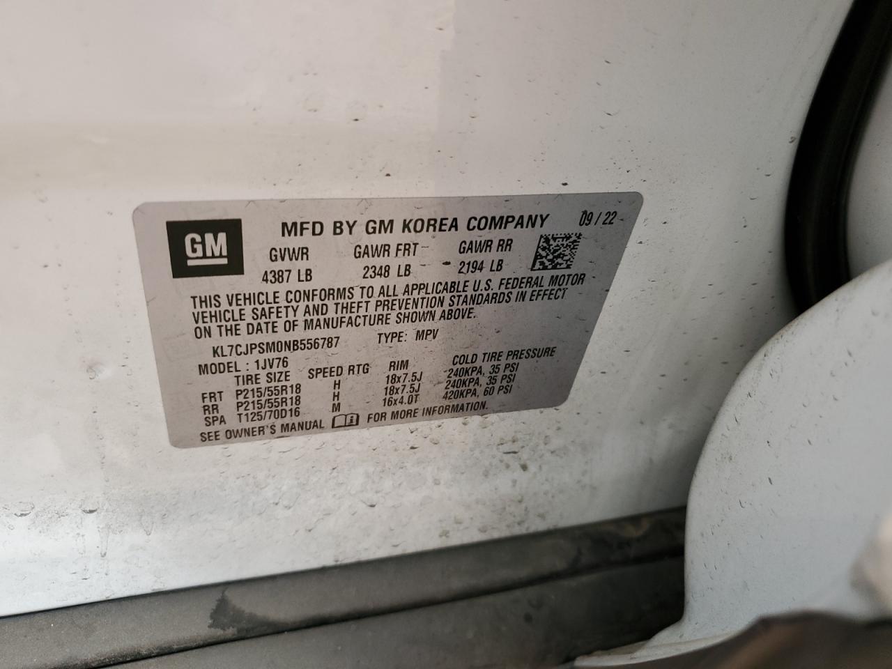 2022 CHEVROLET TRAX 1LT VIN:KL7CJPSM0NB556787