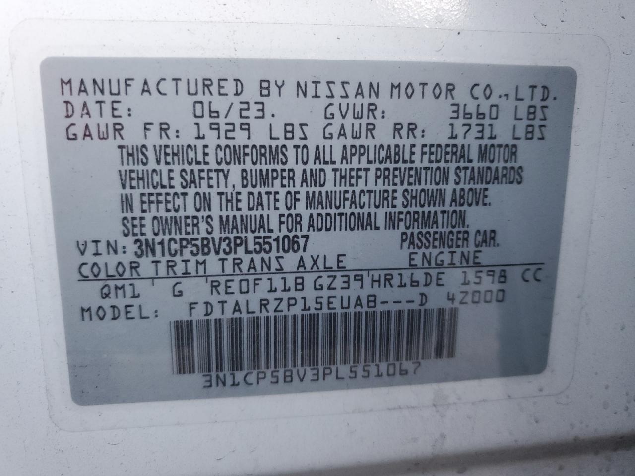 2023 NISSAN KICKS S VIN:3N1CP5BV3PL551067