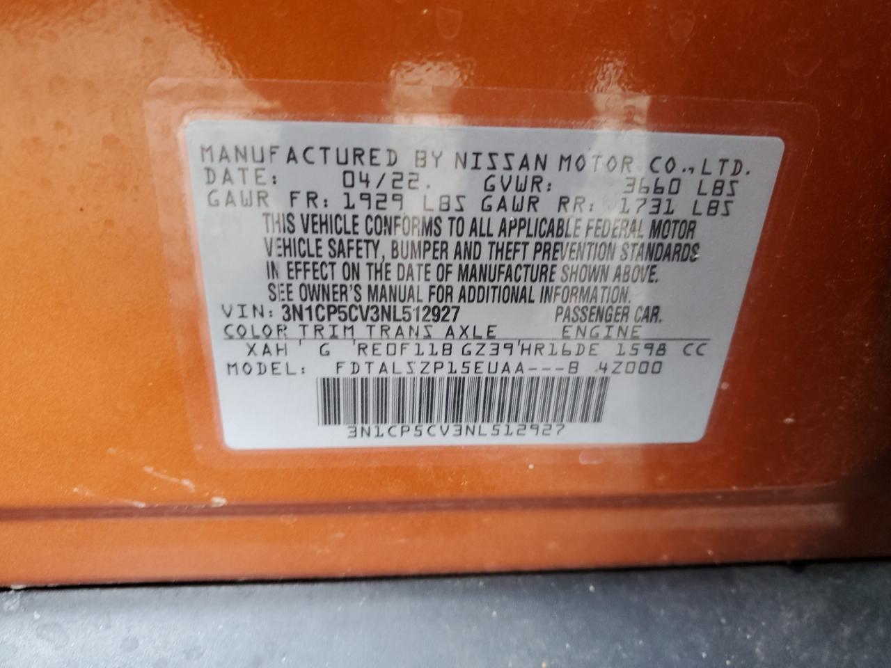 2022 NISSAN KICKS SV VIN:3N1CP5CV3NL512927