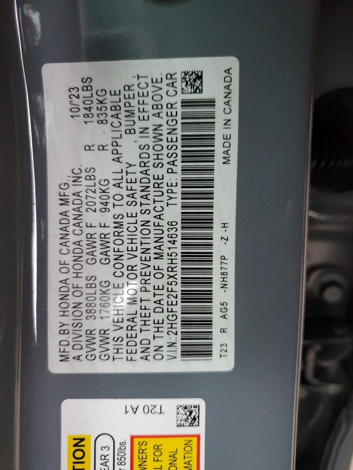 2024 HONDA CIVIC SPORT VIN:2HGFE2F5XRH514636