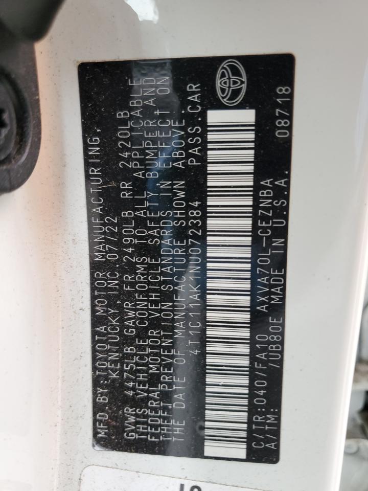 2022 TOYOTA CAMRY LE VIN:4T1C11AK1NU072384