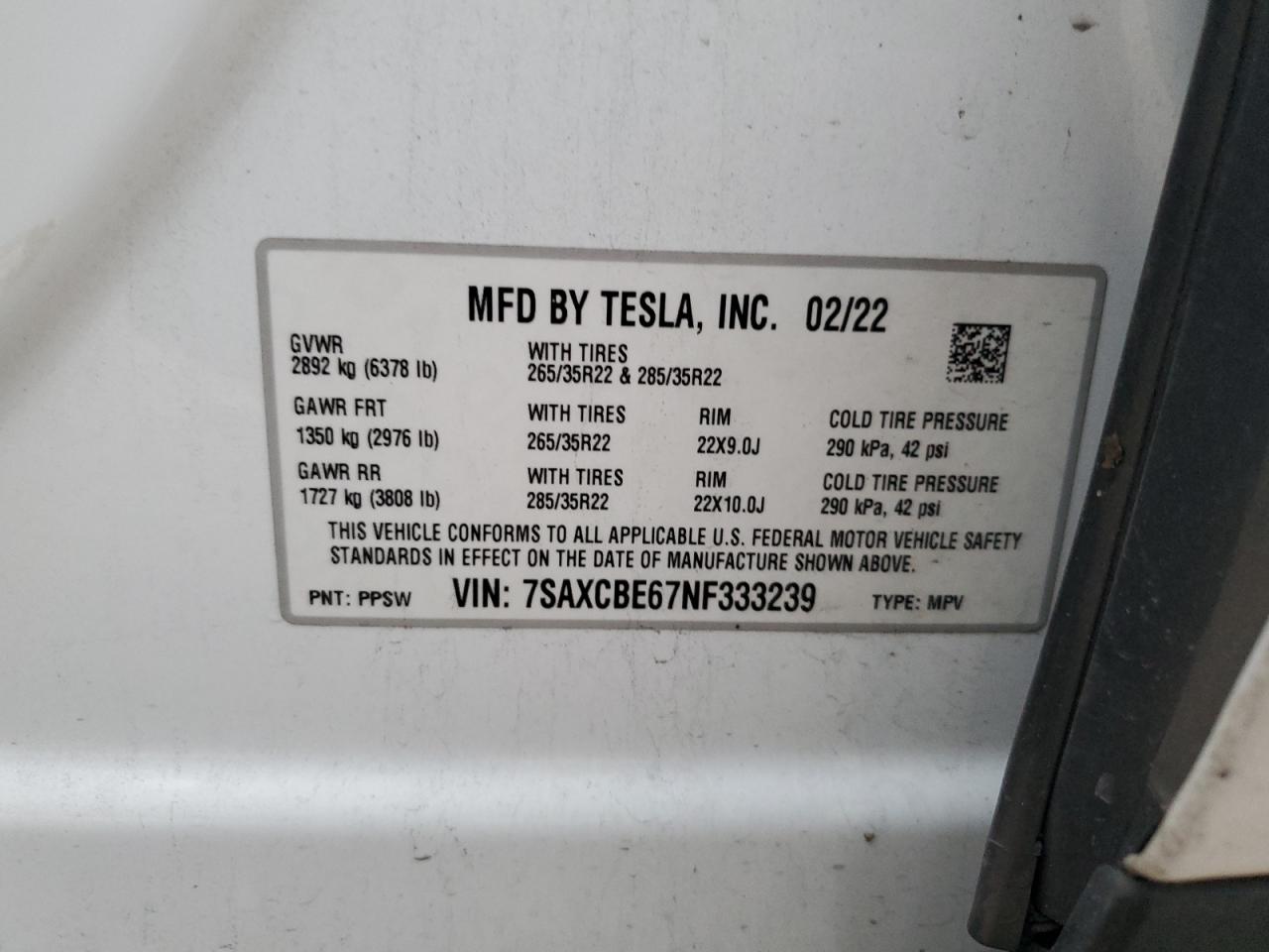 2022 TESLA MODEL X  VIN:7SAXCBE67NF333239