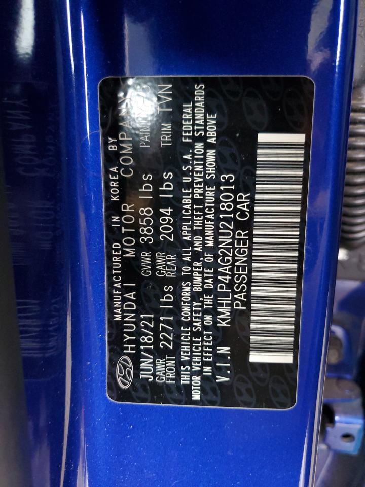 2022 HYUNDAI ELANTRA LIMITED VIN:KMHLP4AG2NU218013