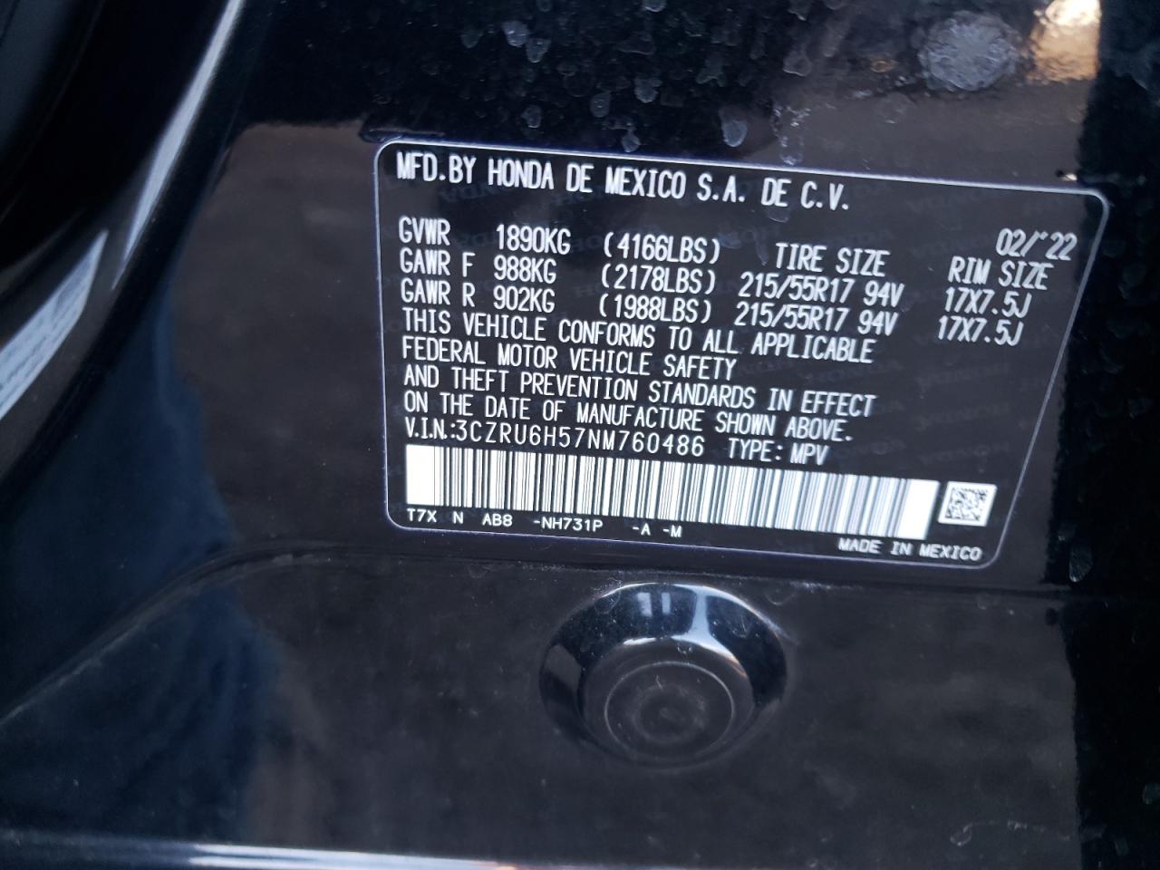 2022 HONDA HR-V EX VIN:3CZRU6H57NM760486