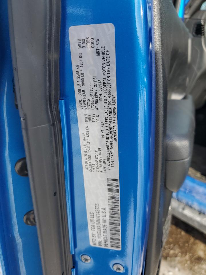 2022 JEEP WRANGLER SPORT VIN:1C4GJXAG4NW143733