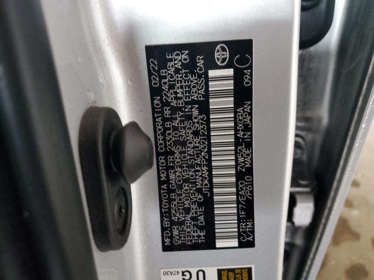 2022 TOYOTA PRIUS PRIME LE VIN:JTDKAMFP2N3212373