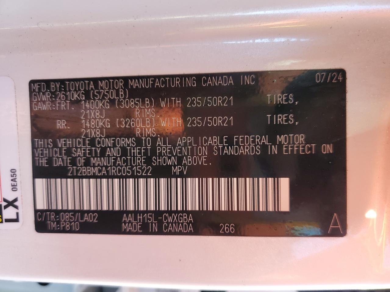 2024 LEXUS RX 350H BASE VIN:2T2BBMCA1RC051522