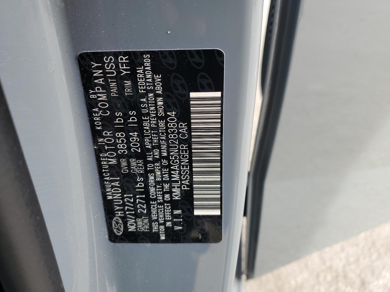 2022 HYUNDAI ELANTRA SEL VIN:KMHLM4AG5NU283804