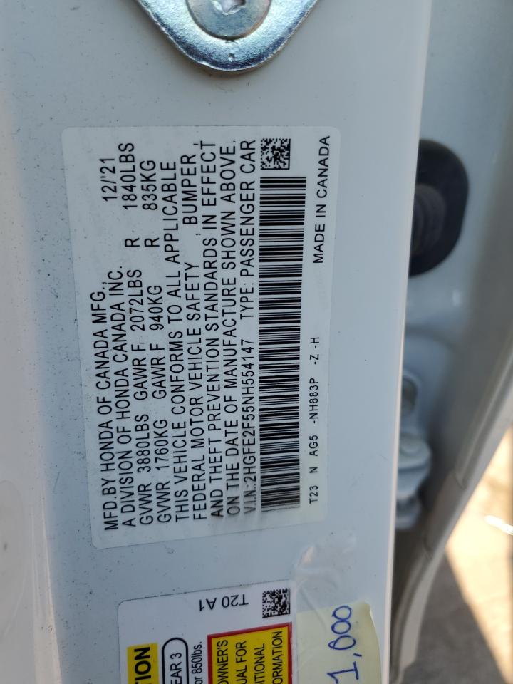 2022 HONDA CIVIC SPORT VIN:2HGFE2F55NH554147