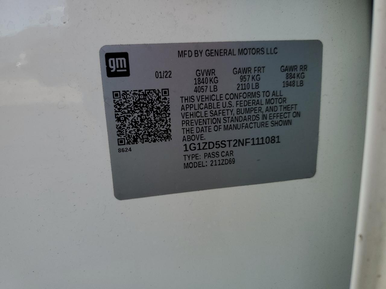 2022 CHEVROLET MALIBU LT VIN:1G1ZD5ST2NF111081