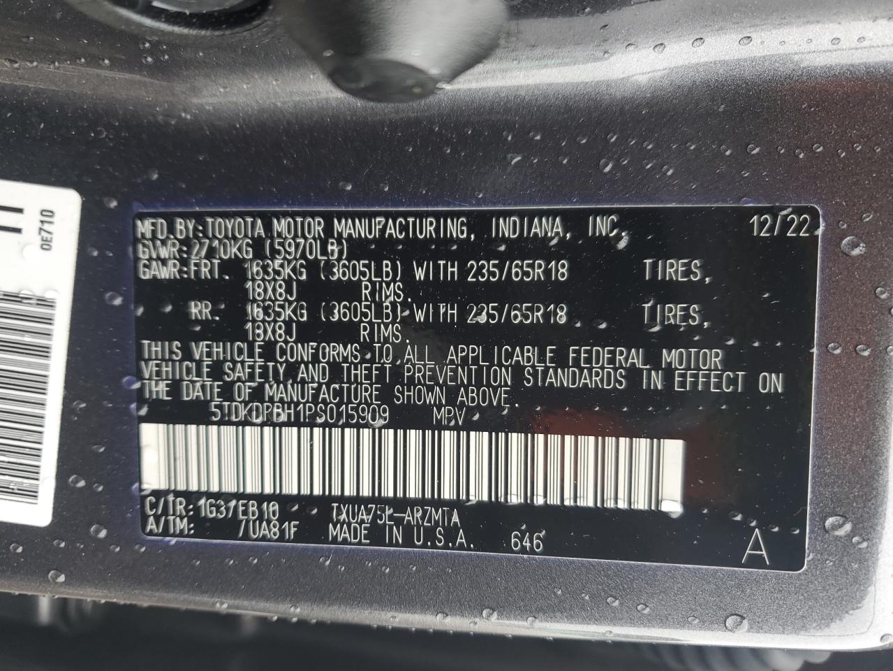 2023 TOYOTA HIGHLANDER L VIN:5TDKDRBH1PS015909