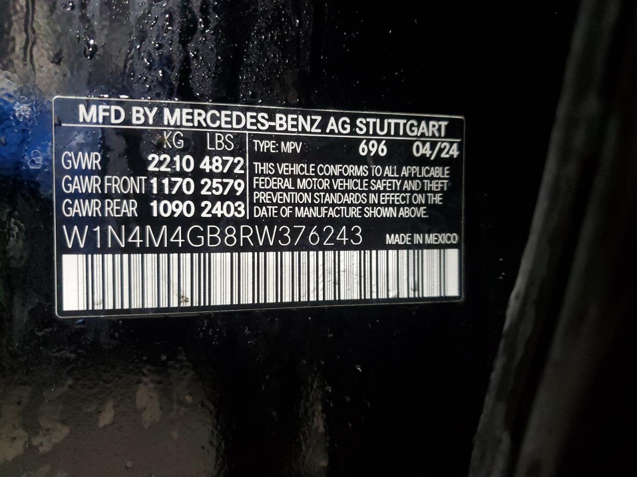 2024 MERCEDES-BENZ GLB 250 VIN:W1N4M4GB8RW376243