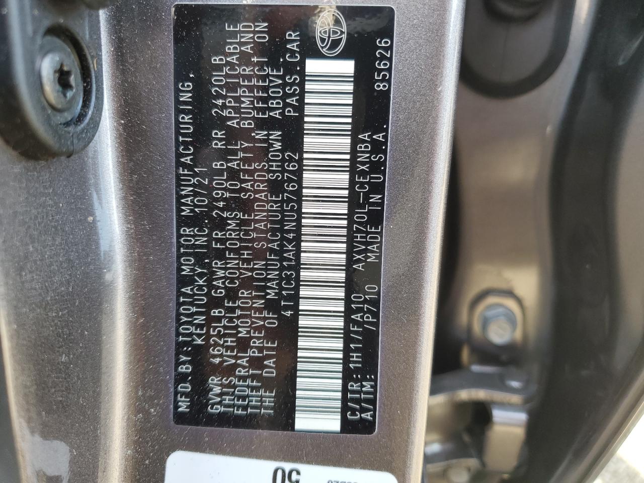 2022 TOYOTA CAMRY LE VIN:4T1C31AK4NU576762