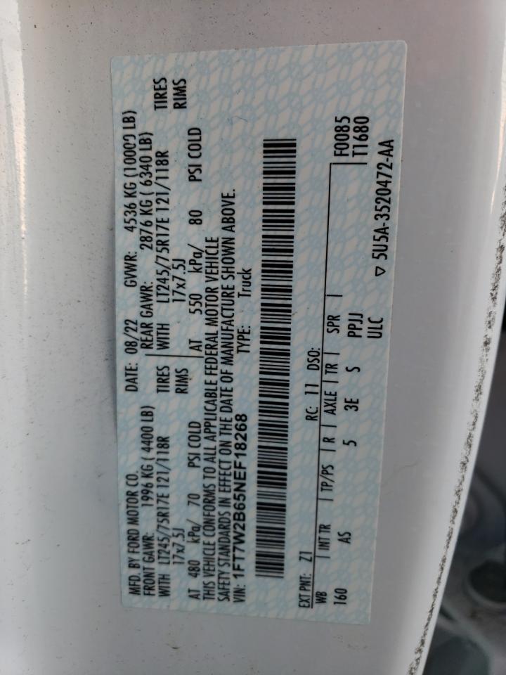 2022 FORD F250 SUPER DUTY VIN:1FT7W2B65NEF18268