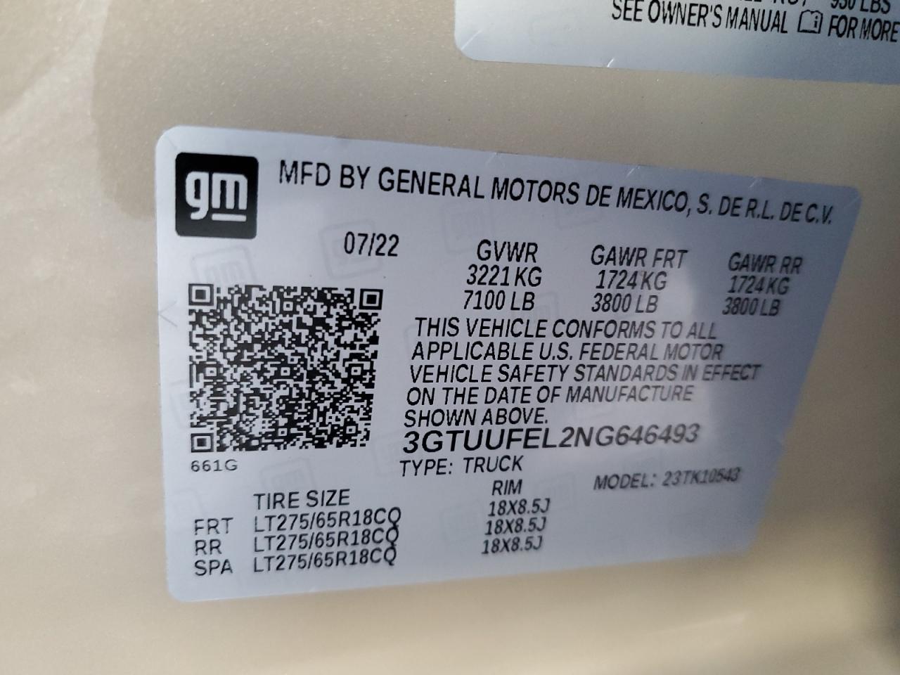2022 GMC SIERRA K1500 AT4X VIN:3GTUUFEL2NG646493