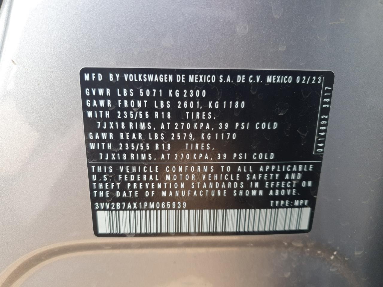 2023 VOLKSWAGEN TIGUAN SE VIN:3VV2B7AX1PM065939