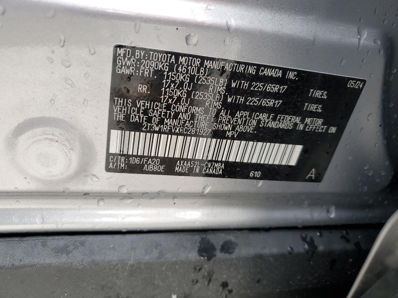 2024 TOYOTA RAV4 XLE VIN:2T3W1RFVXRC281927