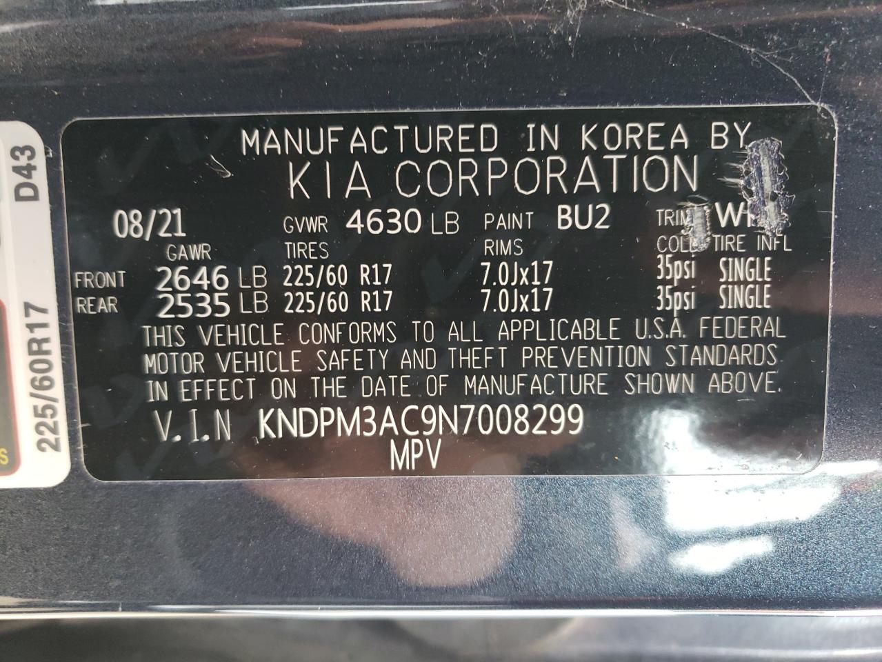 2022 KIA SPORTAGE LX VIN:KNDPM3AC9N7008299