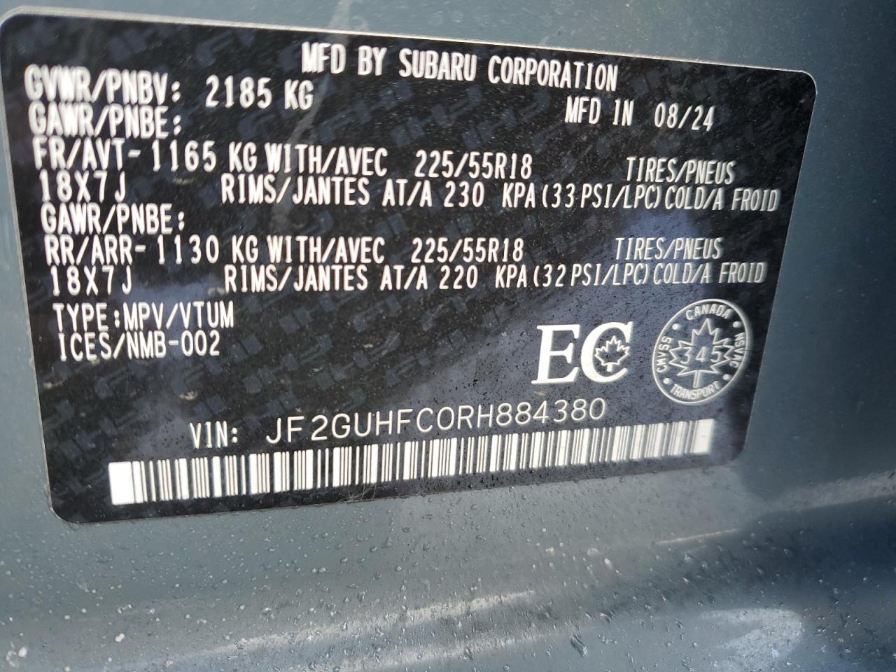 2024 SUBARU CROSSTREK SPORT VIN:JF2GUHFC0RH884380