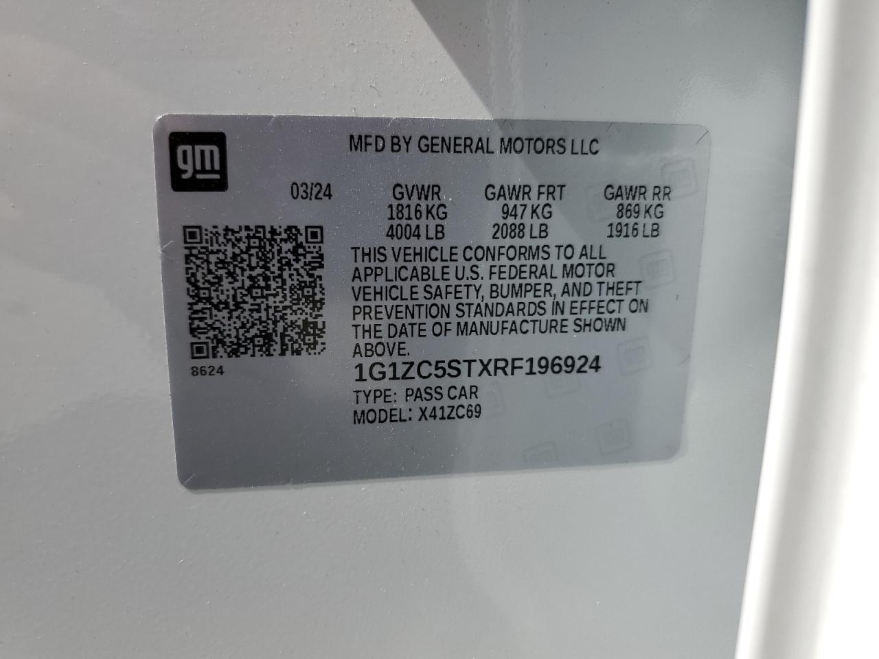 2024 CHEVROLET MALIBU LS VIN:1G1ZC5STXRF196924