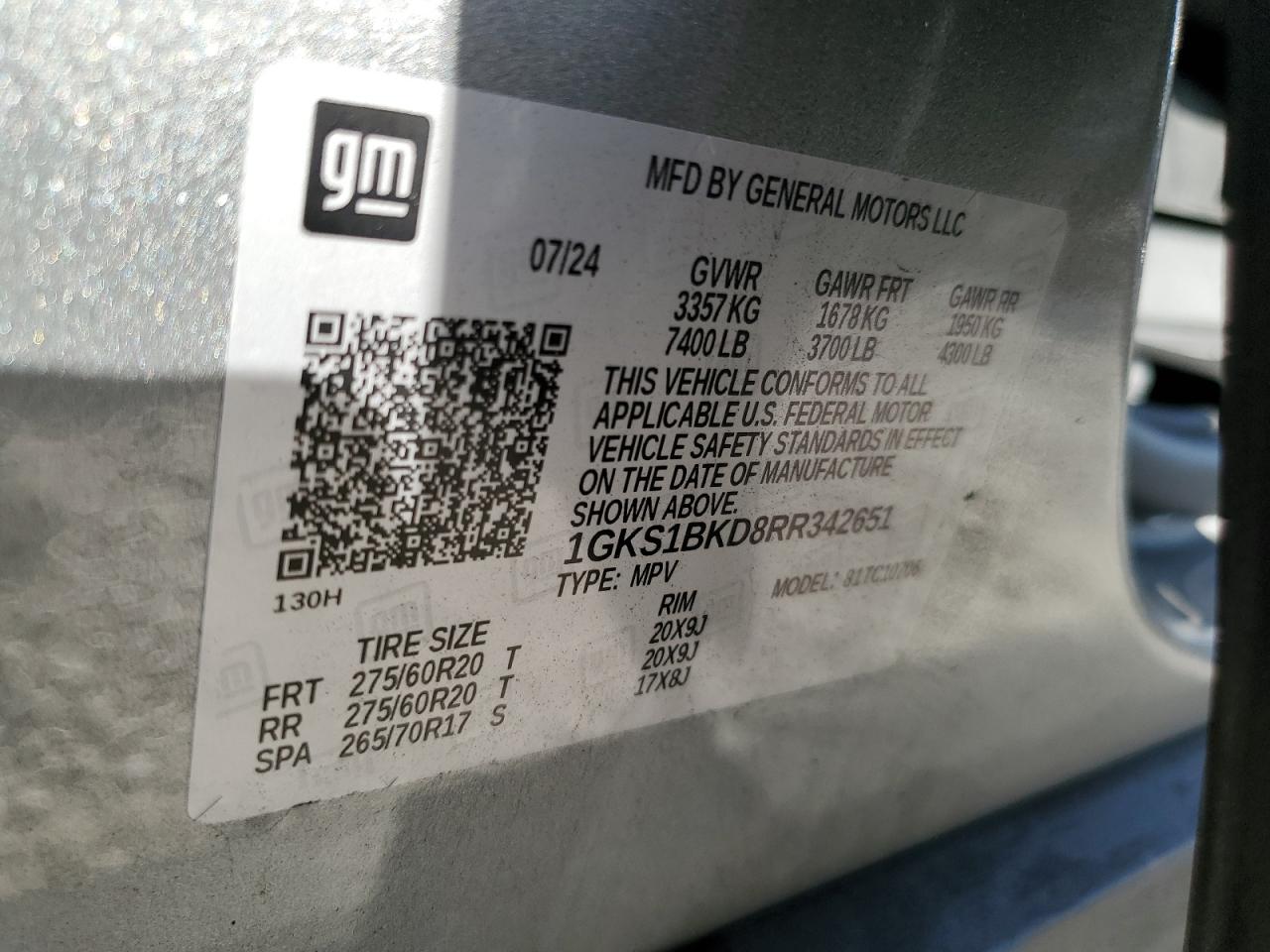 2024 GMC YUKON SLT VIN:1GKS1BKD8RR342651